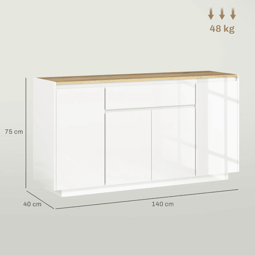 HOMCOM Aparador de Sala de Estar Aparador com 4 Portas Gaveta e Prateleiras Ajustáveis Móvel Aparador para Sala de Estar Dormitório 140x40x75 cm Madeira e Branco Brilhante HOMCOM Aparador de Sala de Estar Aparador com 4 Portas Gaveta e Prateleiras Ajustáveis Móvel Aparador para Sala de Estar Dormitório 140x40x75 cm Madeira e Branco Brilhante