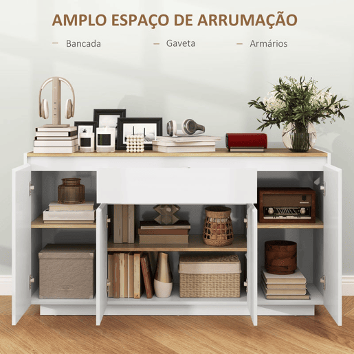 HOMCOM Aparador de Sala de Estar Aparador com 4 Portas Gaveta e Prateleiras Ajustáveis Móvel Aparador para Sala de Estar Dormitório 140x40x75 cm Madeira e Branco Brilhante HOMCOM Aparador de Sala de Estar Aparador com 4 Portas Gaveta e Prateleiras Ajustáveis Móvel Aparador para Sala de Estar Dormitório 140x40x75 cm Madeira e Branco Brilhante