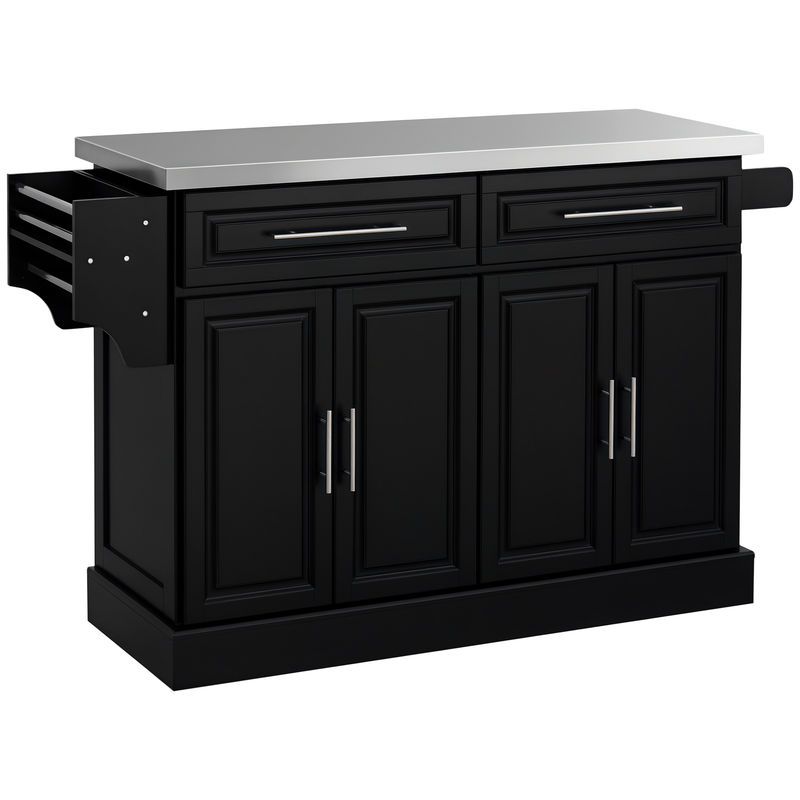 Homcom isla de cocina con ruedas carro de cocina con tablero de acero inoxidable 2 cajones 4 puertas 2 estantes ajustables especiero y toallero 145x45x93 cm negro