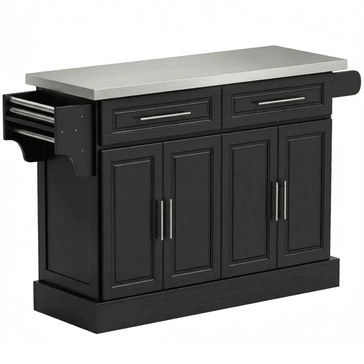 HOMCOM Ilha de Cozinha com Rodas Carrinho de Cozinha com Bancada de Aço Inoxidável 2 Gavetas 4 Portas 2 Prateleiras Ajustáveis Suporte para Especiarias e Toalheiro 145x45x93 cm Preto HOMCOM Ilha de Cozinha com Rodas Carrinho de Cozinha com Bancada de Aço Inoxidável 2 Gavetas 4 Portas 2 Prateleiras Ajustáveis Suporte para Especiarias e Toalheiro 145x45x93 cm Preto