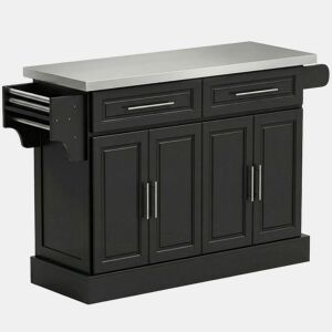 HOMCOM Ilha de Cozinha com Rodas Carrinho de Cozinha com Bancada de Aço Inoxidável 2 Gavetas 4 Portas 2 Prateleiras Ajustáveis Suporte para Especiarias e Toalheiro 145x45x93 cm Preto