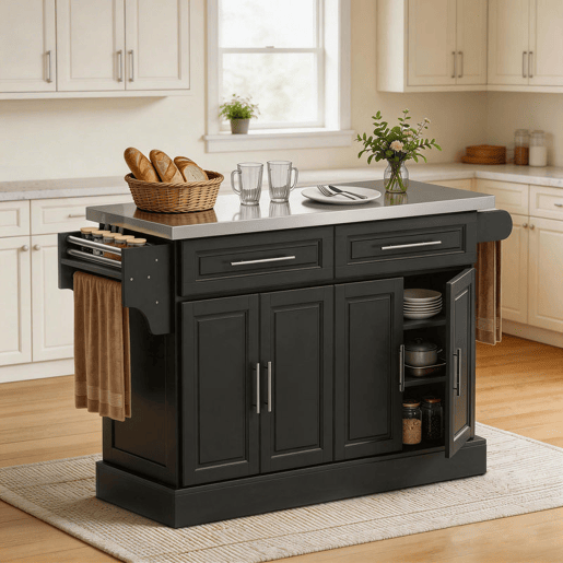 HOMCOM Ilha de Cozinha com Rodas Carrinho de Cozinha com Bancada de Aço Inoxidável 2 Gavetas 4 Portas 2 Prateleiras Ajustáveis Suporte para Especiarias e Toalheiro 145x45x93 cm Preto HOMCOM Ilha de Cozinha com Rodas Carrinho de Cozinha com Bancada de Aço Inoxidável 2 Gavetas 4 Portas 2 Prateleiras Ajustáveis Suporte para Especiarias e Toalheiro 145x45x93 cm Preto