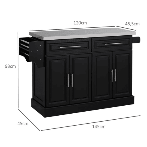 HOMCOM Ilha de Cozinha com Rodas Carrinho de Cozinha com Bancada de Aço Inoxidável 2 Gavetas 4 Portas 2 Prateleiras Ajustáveis Suporte para Especiarias e Toalheiro 145x45x93 cm Preto HOMCOM Ilha de Cozinha com Rodas Carrinho de Cozinha com Bancada de Aço Inoxidável 2 Gavetas 4 Portas 2 Prateleiras Ajustáveis Suporte para Especiarias e Toalheiro 145x45x93 cm Preto