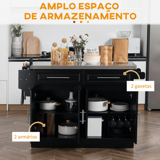 HOMCOM Ilha de Cozinha com Rodas Carrinho de Cozinha com Bancada de Aço Inoxidável 2 Gavetas 4 Portas 2 Prateleiras Ajustáveis Suporte para Especiarias e Toalheiro 145x45x93 cm Preto HOMCOM Ilha de Cozinha com Rodas Carrinho de Cozinha com Bancada de Aço Inoxidável 2 Gavetas 4 Portas 2 Prateleiras Ajustáveis Suporte para Especiarias e Toalheiro 145x45x93 cm Preto