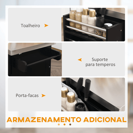 HOMCOM Ilha de Cozinha com Rodas Carrinho de Cozinha com Bancada de Aço Inoxidável 2 Gavetas 4 Portas 2 Prateleiras Ajustáveis Suporte para Especiarias e Toalheiro 145x45x93 cm Preto HOMCOM Ilha de Cozinha com Rodas Carrinho de Cozinha com Bancada de Aço Inoxidável 2 Gavetas 4 Portas 2 Prateleiras Ajustáveis Suporte para Especiarias e Toalheiro 145x45x93 cm Preto