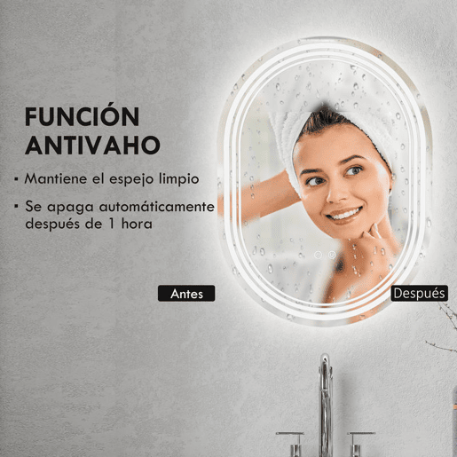 kleankin Espelho Casa de Banho com Iluminação 70x50 cm Espelho de Parede com 3 Cores de Luz Brilho Ajustável Função Anti-Embaciamento Função Memória Interruptor Tátil IP44 Hotizontal ou Vertical