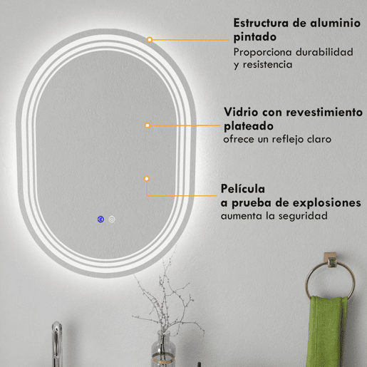 kleankin Espelho Casa de Banho com Iluminação 70x50 cm Espelho de Parede com 3 Cores de Luz Brilho Ajustável Função Anti-Embaciamento Função Memória Interruptor Tátil IP44 Hotizontal ou Vertical