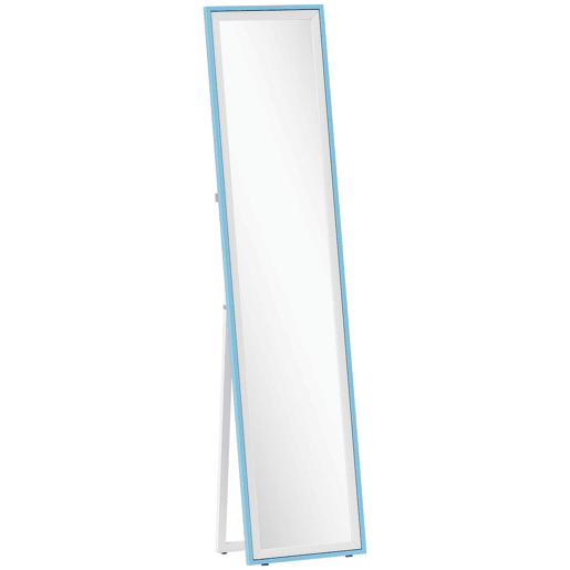 HOMCOM Espelho de Pé 157x37 cm com Moldura em MDF Espelho de Parede Retangular para Pendurar com Suporte 2 Formas de Utilização para Sala de Estar Entrada e Quarto Branco e Azul
