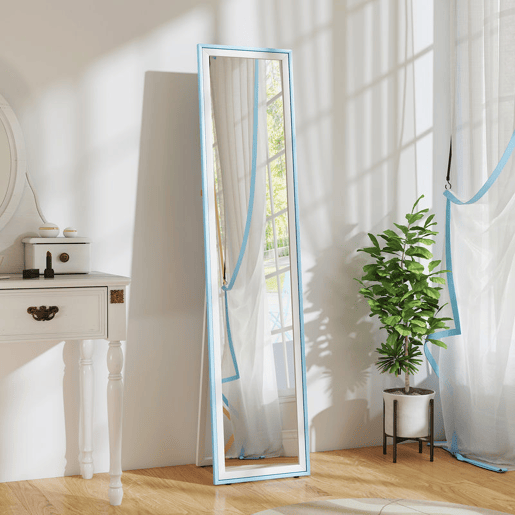 HOMCOM Espelho de Pé 157x37 cm com Moldura em MDF Espelho de Parede Retangular para Pendurar com Suporte 2 Formas de Utilização para Sala de Estar Entrada e Quarto Branco e Azul