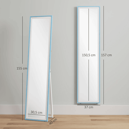 HOMCOM Espelho de Pé 157x37 cm com Moldura em MDF Espelho de Parede Retangular para Pendurar com Suporte 2 Formas de Utilização para Sala de Estar Entrada e Quarto Branco e Azul