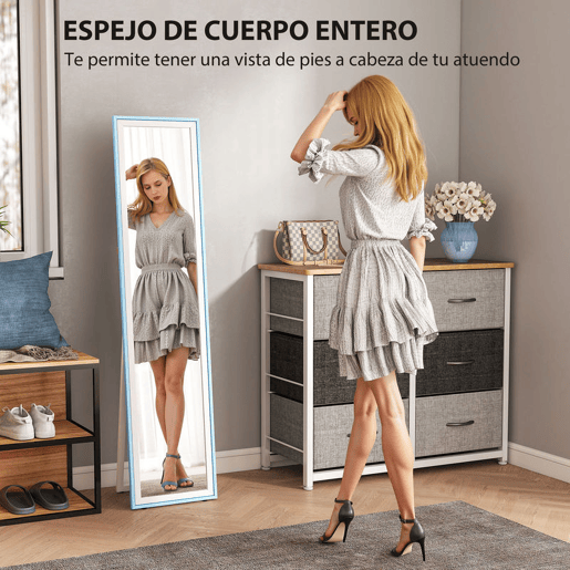 HOMCOM Espelho de Pé 157x37 cm com Moldura em MDF Espelho de Parede Retangular para Pendurar com Suporte 2 Formas de Utilização para Sala de Estar Entrada e Quarto Branco e Azul