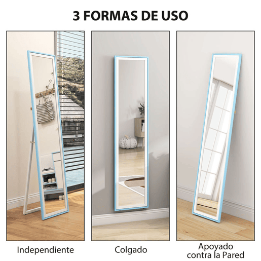 HOMCOM Espelho de Pé 157x37 cm com Moldura em MDF Espelho de Parede Retangular para Pendurar com Suporte 2 Formas de Utilização para Sala de Estar Entrada e Quarto Branco e Azul