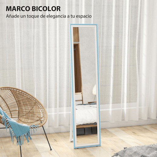 HOMCOM Espelho de Pé 157x37 cm com Moldura em MDF Espelho de Parede Retangular para Pendurar com Suporte 2 Formas de Utilização para Sala de Estar Entrada e Quarto Branco e Azul