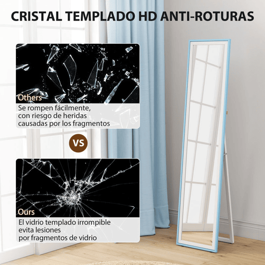 HOMCOM Espelho de Pé 157x37 cm com Moldura em MDF Espelho de Parede Retangular para Pendurar com Suporte 2 Formas de Utilização para Sala de Estar Entrada e Quarto Branco e Azul