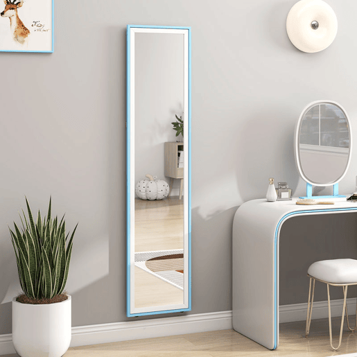 HOMCOM Espelho de Pé 157x37 cm com Moldura em MDF Espelho de Parede Retangular para Pendurar com Suporte 2 Formas de Utilização para Sala de Estar Entrada e Quarto Branco e Azul