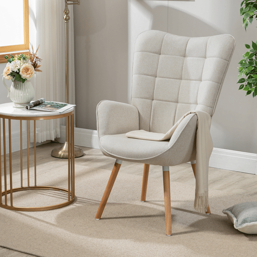 MEUBLES COSY Cadeira De Relax Estofada Em Tecido Bege Com Encosto Alto Ergonómico Assento Acolchoado Pernas Em Madeira Estilo Moderno Medidas 106x66x53 Cm Altura Do Assento 45 Cm Ideal Para Sala Quarto Escritório