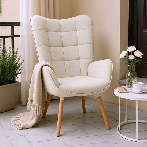 MEUBLES COSY Cadeira De Relax Estofada Em Tecido Bege Com Encosto Alto Ergonómico Assento Acolchoado Pernas Em Madeira Estilo Moderno Medidas 106x66x53 Cm Altura Do Assento 45 Cm Ideal Para Sala Quarto Escritório