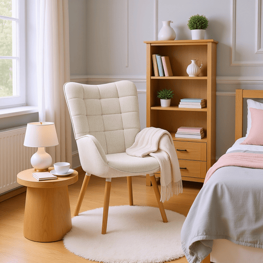 MEUBLES COSY Cadeira De Relax Estofada Em Tecido Bege Com Encosto Alto Ergonómico Assento Acolchoado Pernas Em Madeira Estilo Moderno Medidas 106x66x53 Cm Altura Do Assento 45 Cm Ideal Para Sala Quarto Escritório