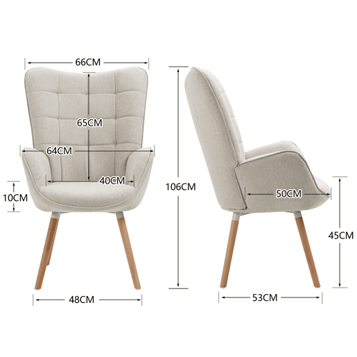 MEUBLES COSY Cadeira De Relax Estofada Em Tecido Bege Com Encosto Alto Ergonómico Assento Acolchoado Pernas Em Madeira Estilo Moderno Medidas 106x66x53 Cm Altura Do Assento 45 Cm Ideal Para Sala Quarto Escritório