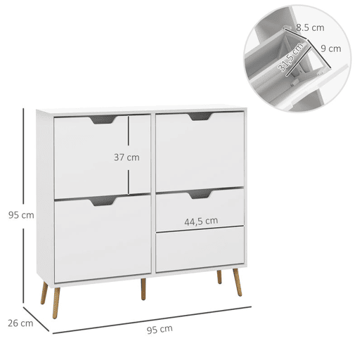 HOMCOM Sapateira com 4 Gavetas e Prateleiras Ajustáveis Móvel para Sapatos de Corredor para 16 Pares de Sapatos 95x26x95 cm Branco