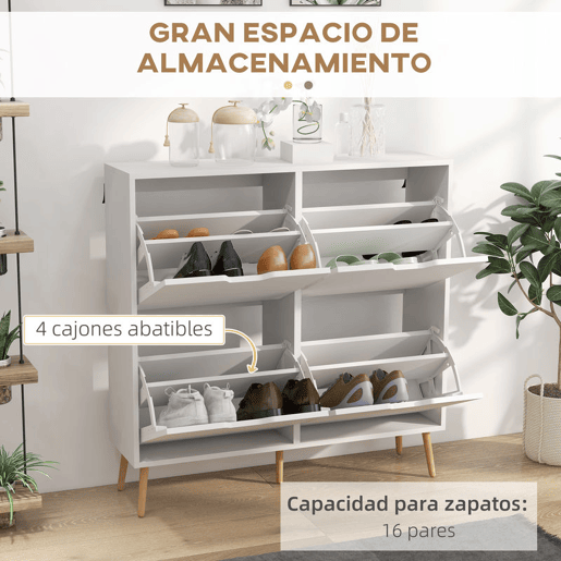 HOMCOM Sapateira com 4 Gavetas e Prateleiras Ajustáveis Móvel para Sapatos de Corredor para 16 Pares de Sapatos 95x26x95 cm Branco