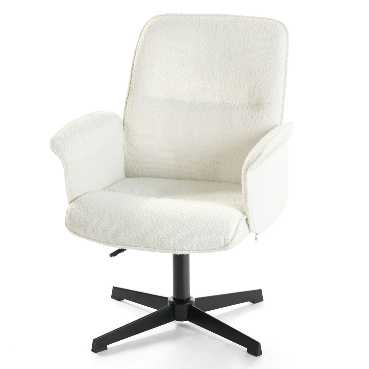 Silla de oficina giratoria 360o en tela bouclé blanca con brazos, altura ajustable y base metálica de 5 radios, acolchado cómodo y respaldo ergonómico