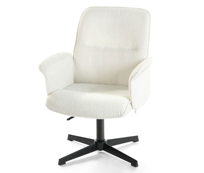 Silla de oficina giratoria 360o en tela bouclé blanca con brazos, altura ajustable y base metálica de 5 radios, acolchado cómodo y respaldo ergonómico