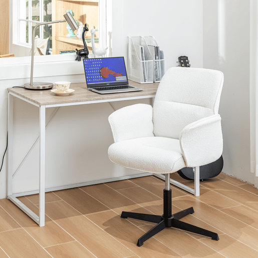 Cadeira de Escritório Giratória 360º em Tecido Bouclé Branco com Braços, Altura Ajustável e Base Metálica de 5 Pés, Acolchoamento Confortável e Encosto Ergonômico, Estilo Moderno para Escritório e Home Office, Suporta 120 Kg