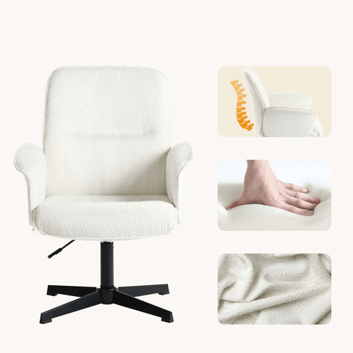Cadeira de Escritório Giratória 360º em Tecido Bouclé Branco com Braços, Altura Ajustável e Base Metálica de 5 Pés, Acolchoamento Confortável e Encosto Ergonômico, Estilo Moderno para Escritório e Home Office, Suporta 120 Kg