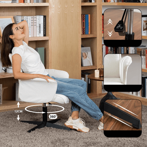 Cadeira de Escritório Giratória 360º em Tecido Bouclé Branco com Braços, Altura Ajustável e Base Metálica de 5 Pés, Acolchoamento Confortável e Encosto Ergonômico, Estilo Moderno para Escritório e Home Office, Suporta 120 Kg