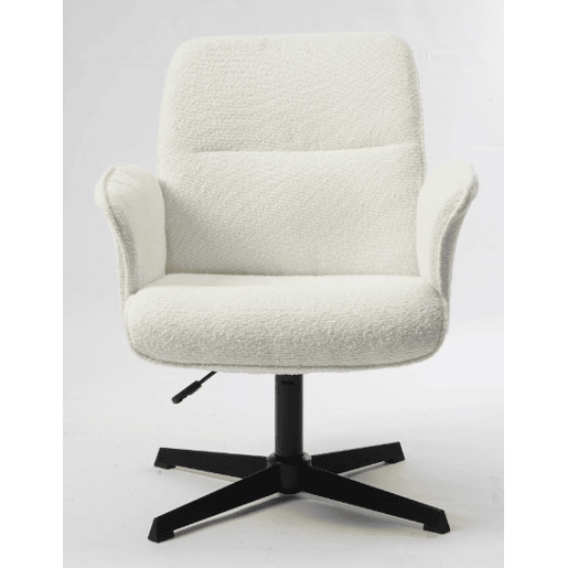 Cadeira de Escritório Giratória 360º em Tecido Bouclé Branco com Braços, Altura Ajustável e Base Metálica de 5 Pés, Acolchoamento Confortável e Encosto Ergonômico, Estilo Moderno para Escritório e Home Office, Suporta 120 Kg