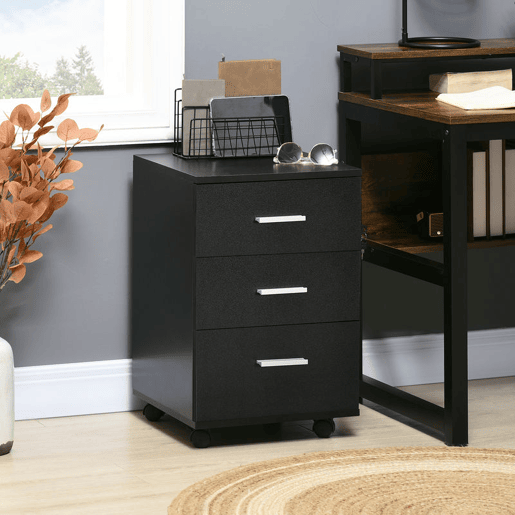 Vinsetto Bloco de Gavetas para Escritório Móvel de Arquivos com 3 Gavetas 4 Rodas e Fechadura com 2 Chaves para Escritório Secretária Casa 40x40x61,5 cm Preto