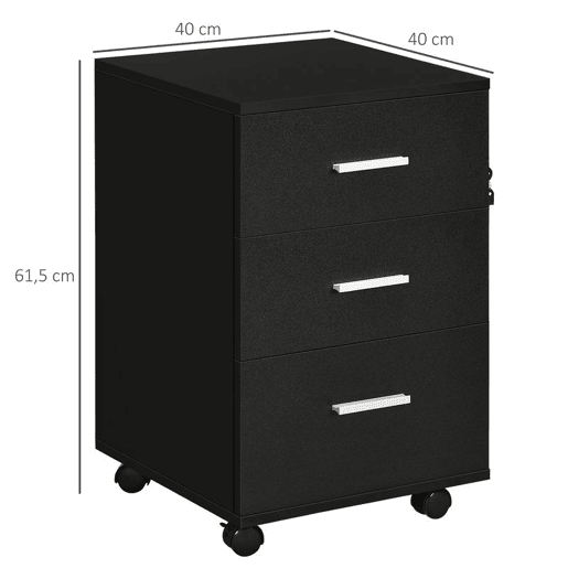 Vinsetto Bloco de Gavetas para Escritório Móvel de Arquivos com 3 Gavetas 4 Rodas e Fechadura com 2 Chaves para Escritório Secretária Casa 40x40x61,5 cm Preto
