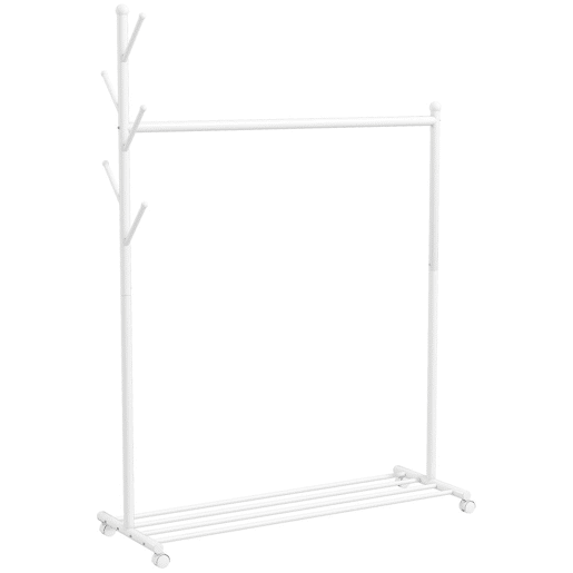 HOMCOM Charriot com Rodas Charriot com 5 Ganchos Barra para Pendurar e Prateleira Inferior Charriot para Dormitório Lavandaria 120x43x171 cm Branco