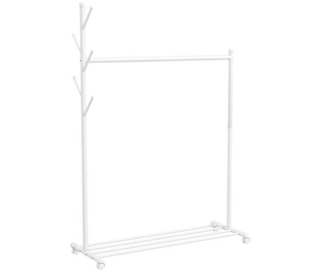 Homcom burro ropa con ruedas, perchero burro ropa con 5 ganchos barra para colgar y balda inferior perchero para recibidor, entrada, dormitorio, 120x43x171 cm, blanco