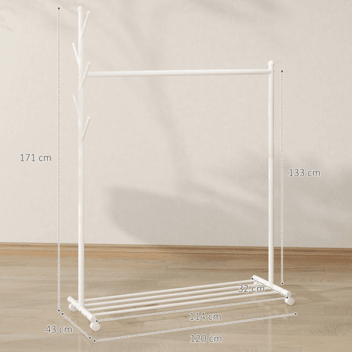 HOMCOM Charriot com Rodas Charriot com 5 Ganchos Barra para Pendurar e Prateleira Inferior Charriot para Dormitório Lavandaria 120x43x171 cm Branco