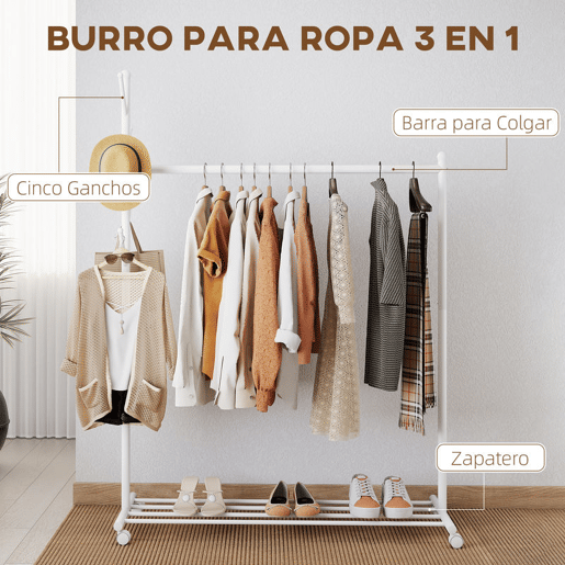 HOMCOM Charriot com Rodas Charriot com 5 Ganchos Barra para Pendurar e Prateleira Inferior Charriot para Dormitório Lavandaria 120x43x171 cm Branco