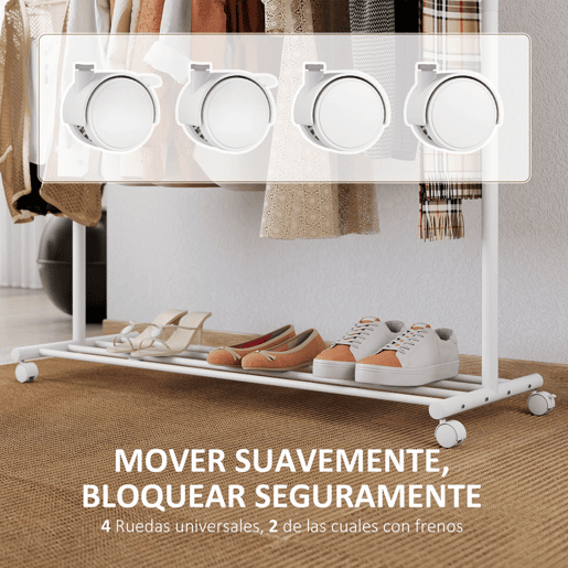 HOMCOM Charriot com Rodas Charriot com 5 Ganchos Barra para Pendurar e Prateleira Inferior Charriot para Dormitório Lavandaria 120x43x171 cm Branco