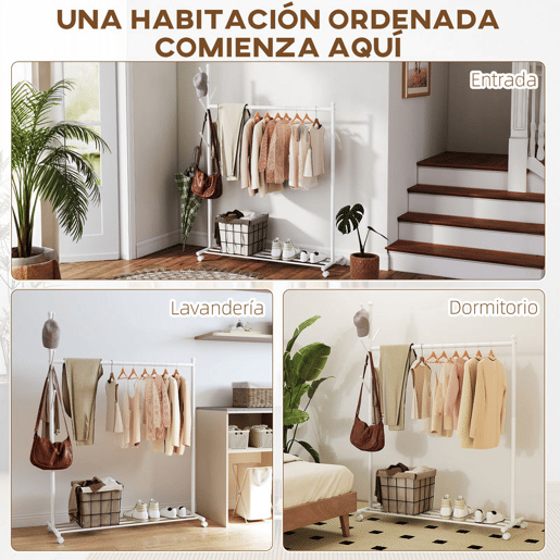 HOMCOM Charriot com Rodas Charriot com 5 Ganchos Barra para Pendurar e Prateleira Inferior Charriot para Dormitório Lavandaria 120x43x171 cm Branco