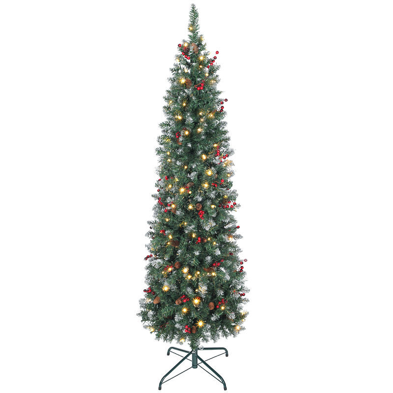 Homcom árbol de navidad estrecho 180 cm, árbol de navidad con luces led, 8 modos de iluminación, ramas con purpurina plateada, piñas, bayas y soporte metálico, verde