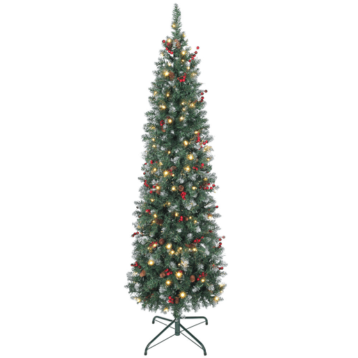 HOMCOM Árvore de Natal Slim 180 cm Árvore de Natal Artificial com Luzes LED Branco Quente 8 Modos de Iluminação 461 Ramos com Purpurina Prateada Pinhas Bagas e Suporte Metálico Verde