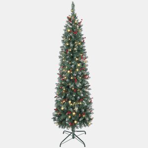 HOMCOM Árvore de Natal Slim 180 cm Árvore de Natal Artificial com Luzes LED Branco Quente 8 Modos de Iluminação 461 Ramos com Purpurina Prateada Pinhas Bagas e Suporte Metálico Verde