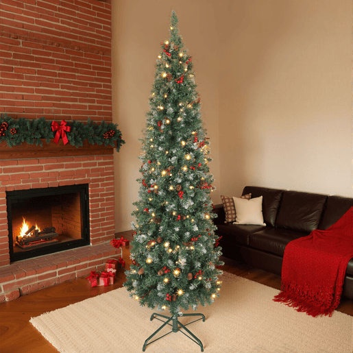 HOMCOM Árvore de Natal Slim 180 cm Árvore de Natal Artificial com Luzes LED Branco Quente 8 Modos de Iluminação 461 Ramos com Purpurina Prateada Pinhas Bagas e Suporte Metálico Verde