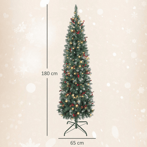 HOMCOM Árvore de Natal Slim 180 cm Árvore de Natal Artificial com Luzes LED Branco Quente 8 Modos de Iluminação 461 Ramos com Purpurina Prateada Pinhas Bagas e Suporte Metálico Verde
