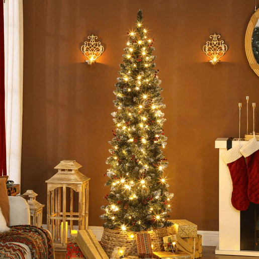 HOMCOM Árvore de Natal Slim 180 cm Árvore de Natal Artificial com Luzes LED Branco Quente 8 Modos de Iluminação 461 Ramos com Purpurina Prateada Pinhas Bagas e Suporte Metálico Verde