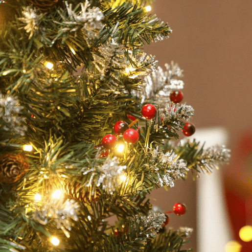 HOMCOM Árvore de Natal Slim 180 cm Árvore de Natal Artificial com Luzes LED Branco Quente 8 Modos de Iluminação 461 Ramos com Purpurina Prateada Pinhas Bagas e Suporte Metálico Verde