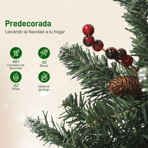 HOMCOM Árvore de Natal Slim 180 cm Árvore de Natal Artificial com Luzes LED Branco Quente 8 Modos de Iluminação 461 Ramos com Purpurina Prateada Pinhas Bagas e Suporte Metálico Verde