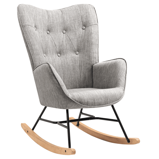 MEUBLES COSY Cadeira De Balanço De Relax Estofada Em Tecido Cinza Com Encosto Alto Ergonómico Apoios De Braço Acolchoados Base Em Madeira Natural E Metal Design Moderno Medidas 98x68x85 Cm Suporta Até 120 Kg Ideal Para Sala Quarto