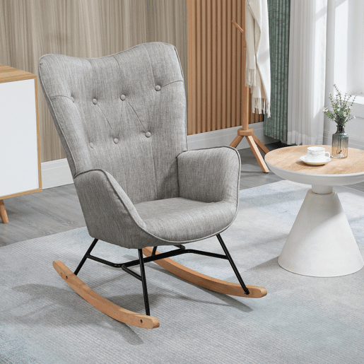 MEUBLES COSY Cadeira De Balanço De Relax Estofada Em Tecido Cinza Com Encosto Alto Ergonómico Apoios De Braço Acolchoados Base Em Madeira Natural E Metal Design Moderno Medidas 98x68x85 Cm Suporta Até 120 Kg Ideal Para Sala Quarto