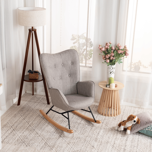 MEUBLES COSY Cadeira De Balanço De Relax Estofada Em Tecido Cinza Com Encosto Alto Ergonómico Apoios De Braço Acolchoados Base Em Madeira Natural E Metal Design Moderno Medidas 98x68x85 Cm Suporta Até 120 Kg Ideal Para Sala Quarto